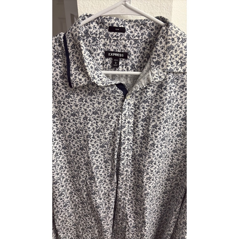Express Men's Slim Fit Floral Button Down Shirt Large Navy White